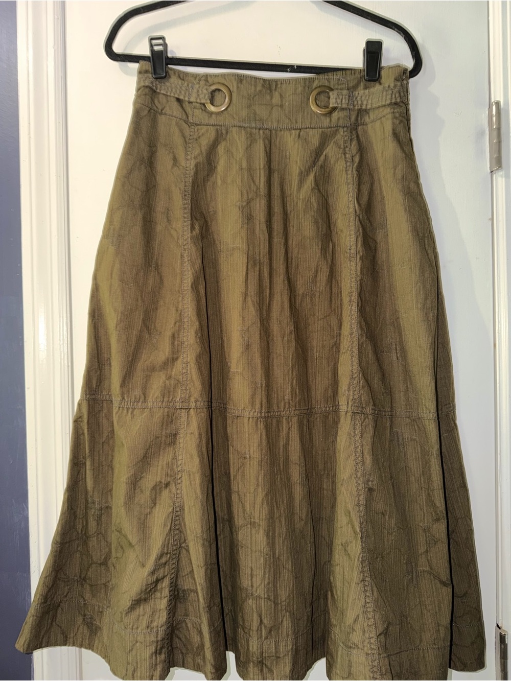 Anthropologie Olive Green A-Line Maxi Skirt with Metal Ring Waist